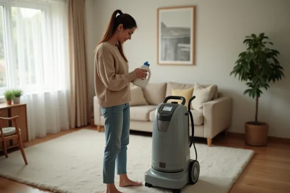 Femme lisant l'étiquette d'une lessive avant de l'utiliser dans une shampouineuse à moquette chez elle