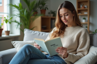 Femme lisant un livret detox dans un salon moderne