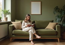 Couleur vert olive: une teinte neutre pour vos intérieurs ? Femme lisant dans un salon calme et lumineux