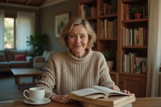 Femme d'âge moyen arrangeant des livres dans un salon chaleureux