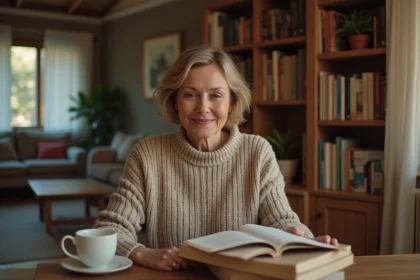 Femme d'âge moyen arrangeant des livres dans un salon chaleureux