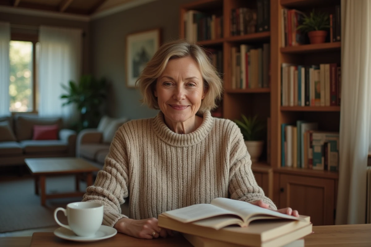Femme d'âge moyen arrangeant des livres dans un salon chaleureux