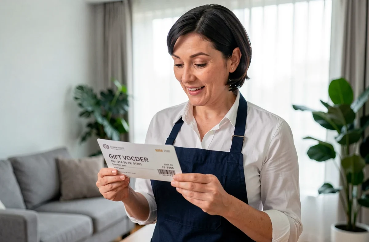 Femme de ménage tenant un bon cadeau avec une expression de surprise agréable dans un salon moderne