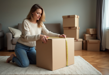 Femme mesurant un grand carton dans un salon organisé