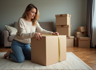 Calcul du mètre carré d’un carton : astuces pratiques et faciles à appliquer Femme mesurant un grand carton dans un salon organisé
