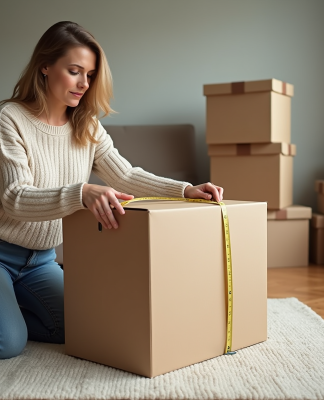 Femme mesurant un grand carton dans un salon organisé