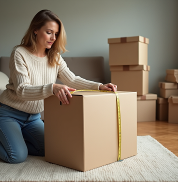 Calcul du mètre carré d’un carton : astuces pratiques et faciles à appliquer Femme mesurant un grand carton dans un salon organisé