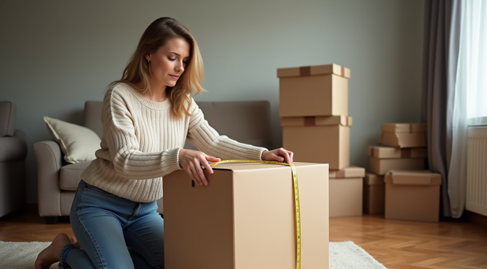 Femme mesurant un grand carton dans un salon organisé