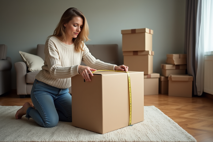 femme-mesure-carton-diy Femme mesurant un grand carton dans un salon organisé