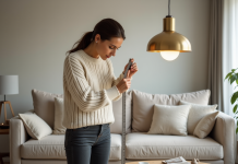 Femme en sweater crème mesure une lampe moderne dans le salon