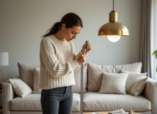 Taille luminaire salon : trouver dimensions idéales pour un éclairage optimal Femme en sweater crème mesure une lampe moderne dans le salon