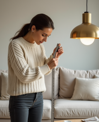 Femme en sweater crème mesure une lampe moderne dans le salon