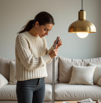 Taille luminaire salon : trouver dimensions idéales pour un éclairage optimal Femme en sweater crème mesure une lampe moderne dans le salon