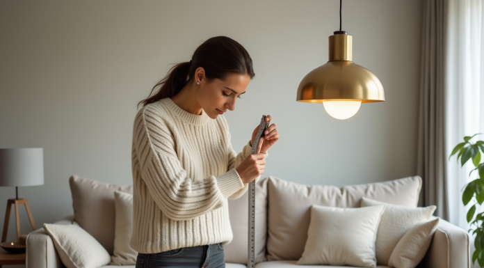 Femme en sweater crème mesure une lampe moderne dans le salon