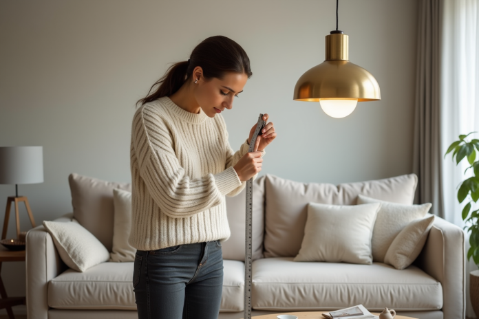 femme-mesure-lampe-salon Femme en sweater crème mesure une lampe moderne dans le salon