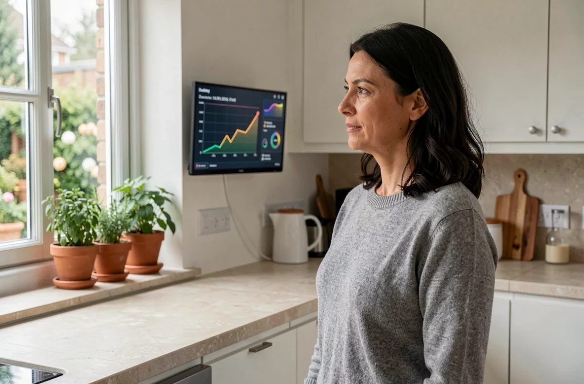 Femme consultant un tableau de bord de production solaire photovoltaïque dans une cuisine moderne