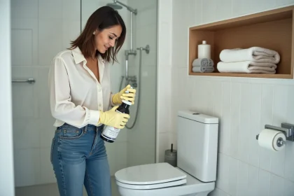 Femme en blouse blanche nettoyant la toilette dans une salle de bain moderne