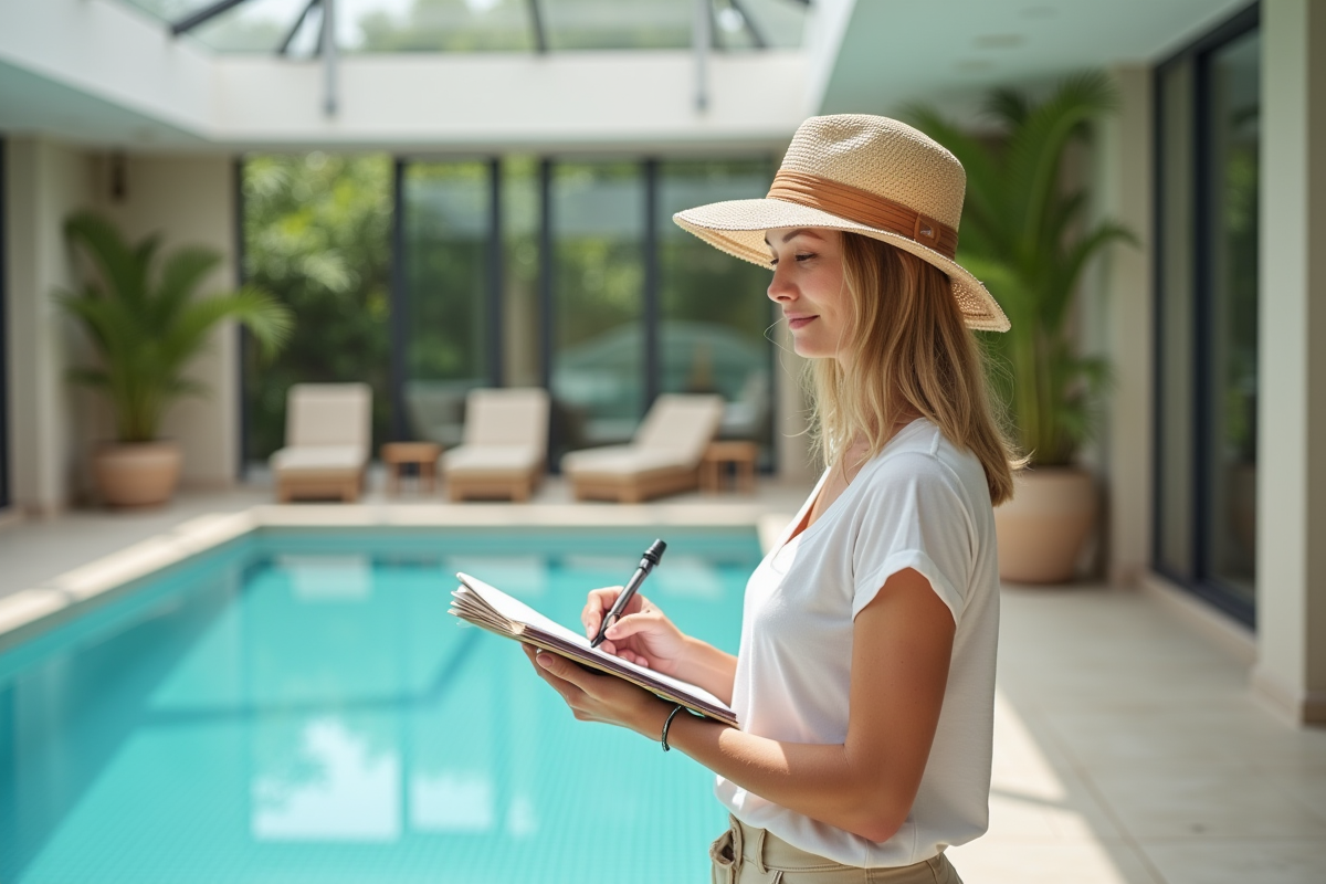 Femme prenant des notes près de la piscine intérieure moderne