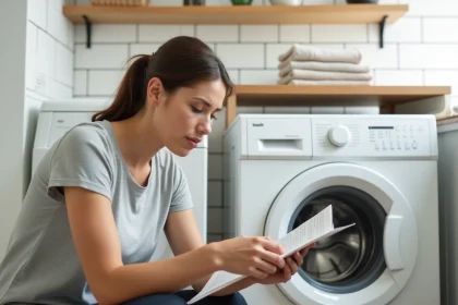 Femme lisant la notice d'un lave-linge Whirlpool 6ème sens 9kg dans une buanderie moderne