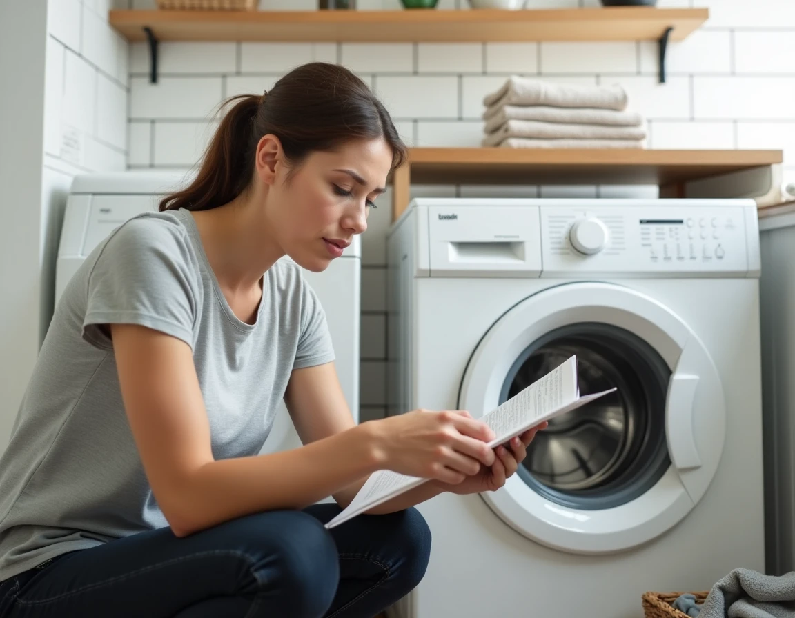 Femme lisant la notice d'un lave-linge Whirlpool 6ème sens 9kg dans une buanderie moderne