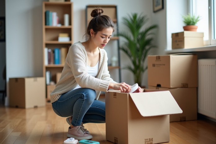 Femme organisée triant des objets dans un appartement