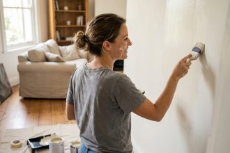 Femme souriante peignant un mur dans un intérieur moderne