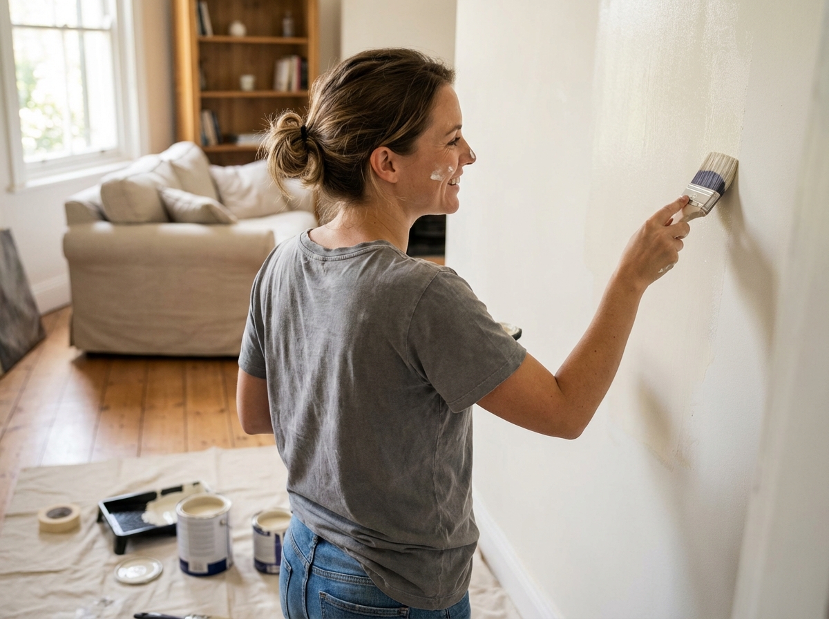 Femme souriante peignant un mur dans un intérieur moderne