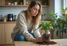 Femme concernée arrosant une plante fanée avec des marc de café