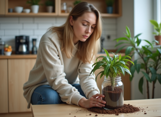Femme concernée arrosant une plante fanée avec des marc de café