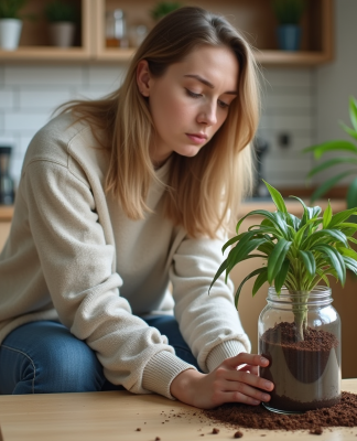 Femme concernée arrosant une plante fanée avec des marc de café