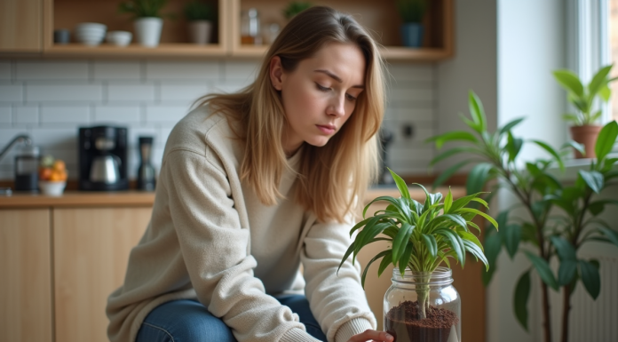 Femme concernée arrosant une plante fanée avec des marc de café