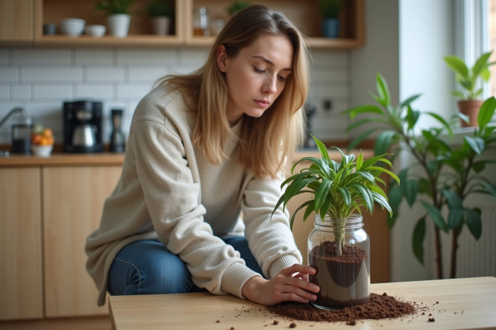 Femme concernée arrosant une plante fanée avec des marc de café