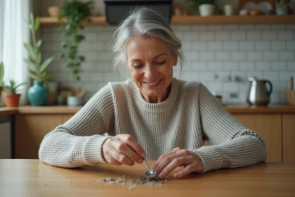 Femme polissant une cuill&egrave;re en argent dans la cuisine