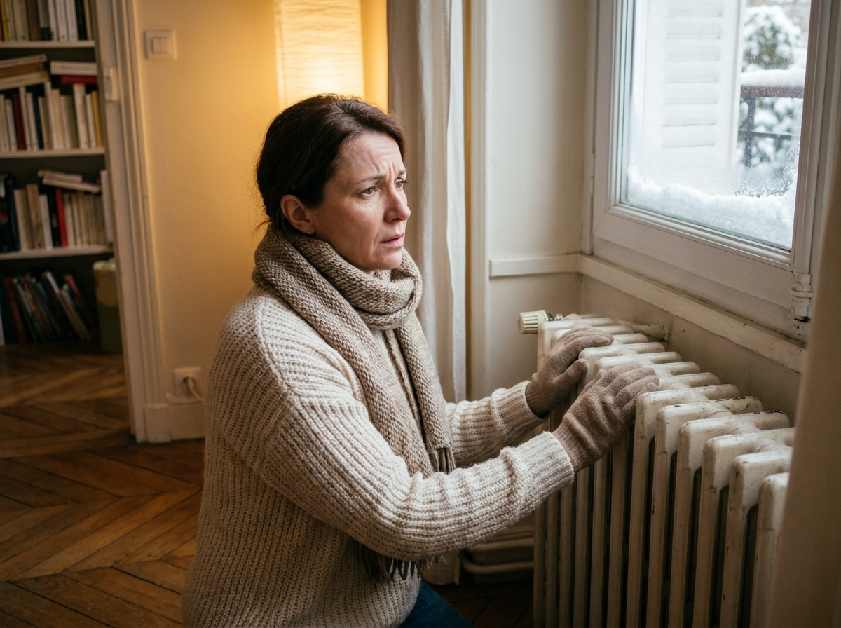 Femme vérifiant un radiateur froid dans un appartement lors d'une panne de chauffage en hiver