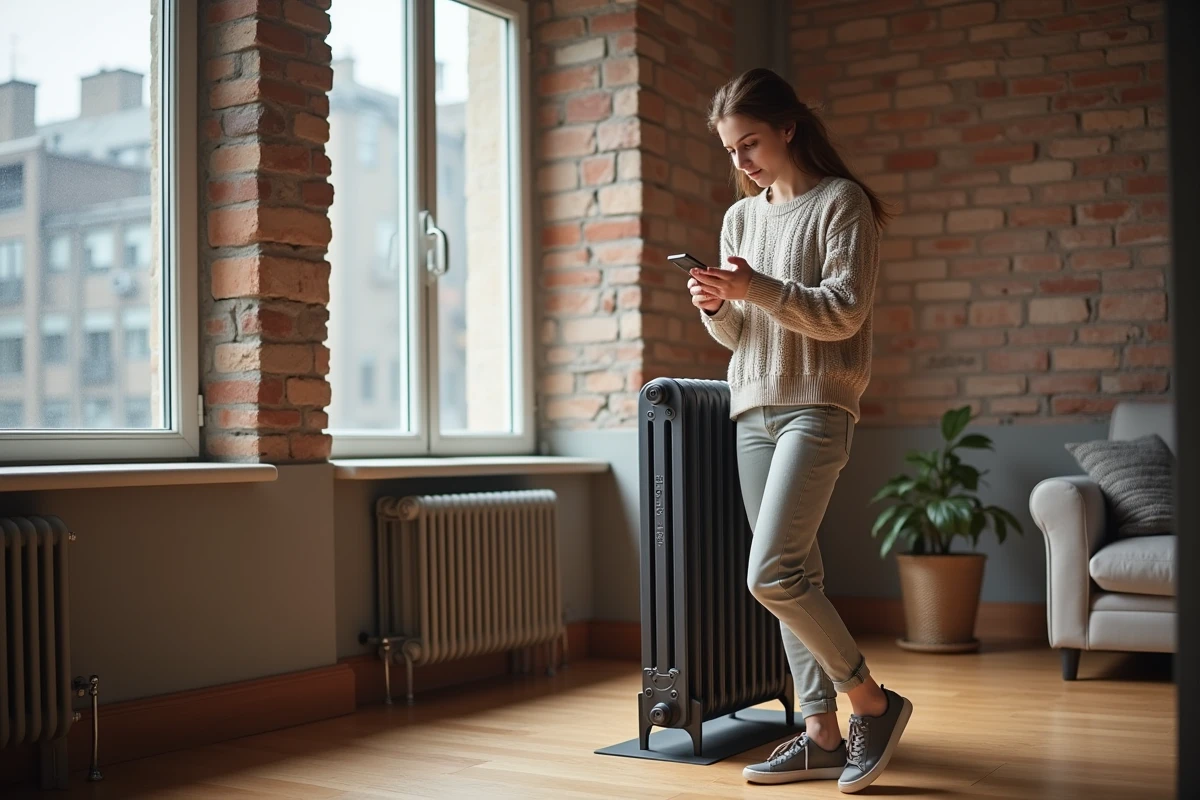 Jeune femme v&eacute;rifiant un radiateur dans un appartement moderne