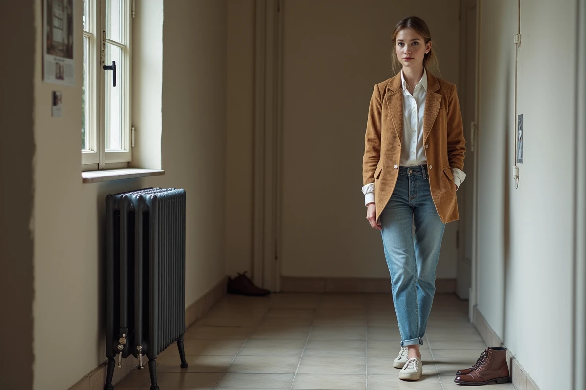Jeune femme debout à côté d’un radiateur en fonte dans un couloir moderne