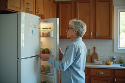 Femme d'âge moyen inspectant le joint du frigo ouvert dans la cuisine