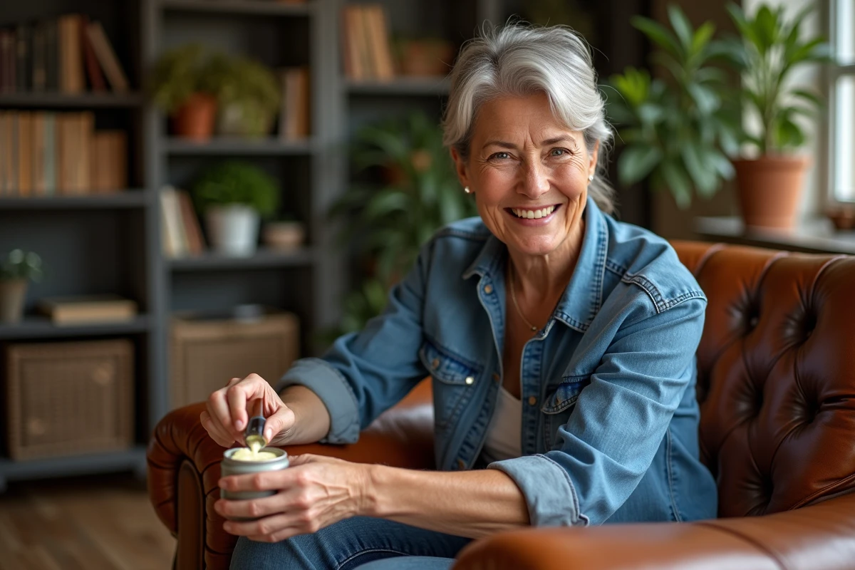 Femme appliquant un baume maison sur un fauteuil en cuir vintage