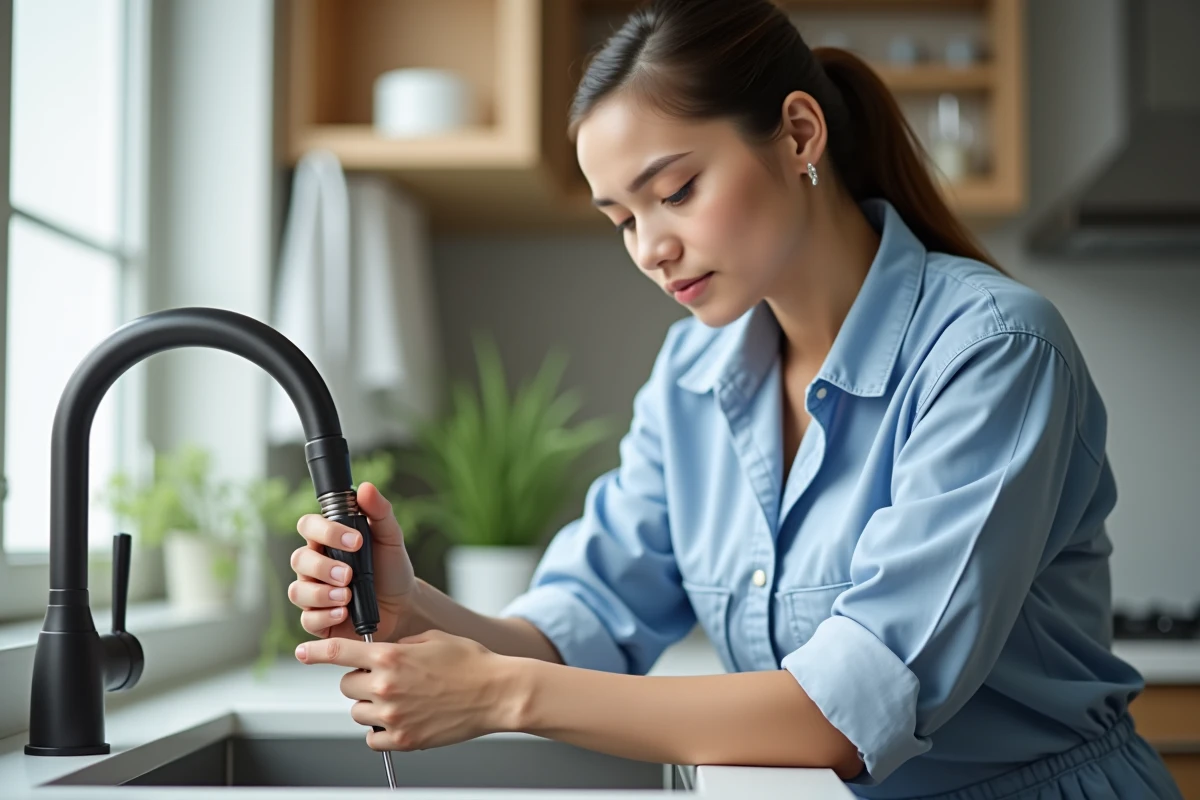 Jeune femme r&eacute;parant un robinet de cuisine