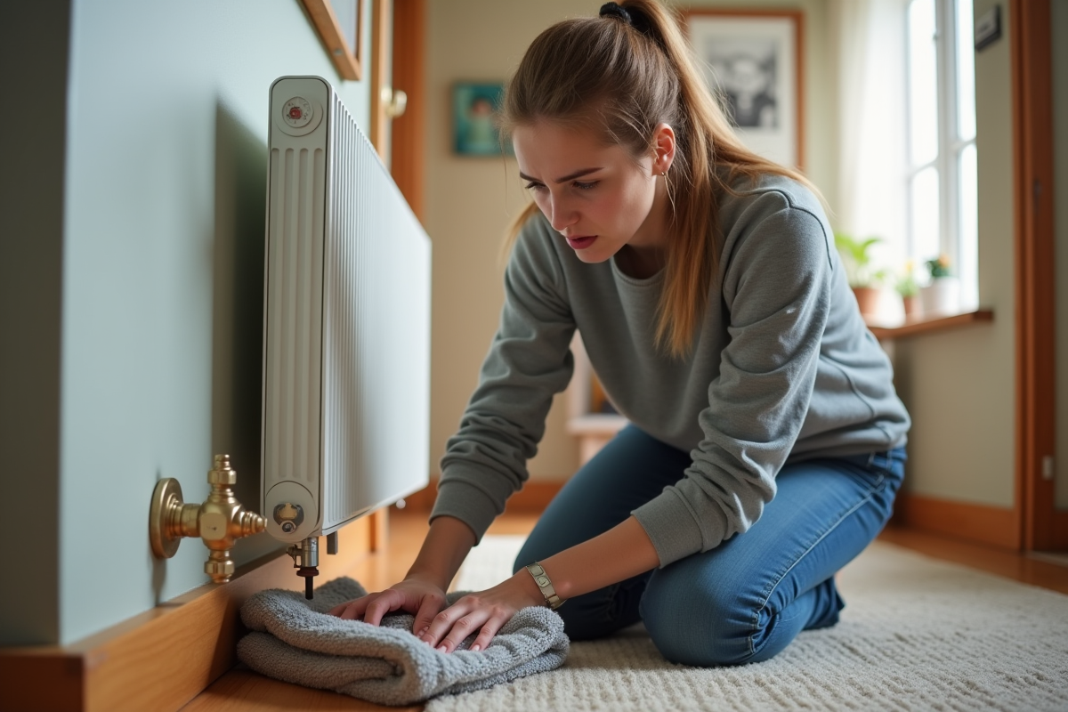 Jeune femme inspecte un radiateur qui fuit dans un couloir