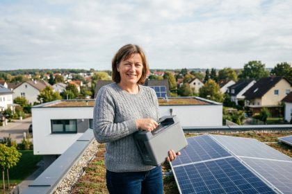 Femme souriante avec batterie solaire sur le toit