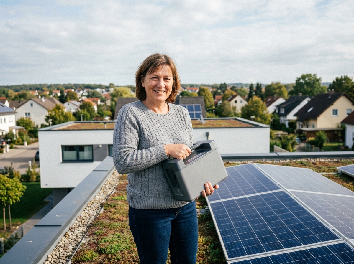 Femme souriante avec batterie solaire sur le toit
