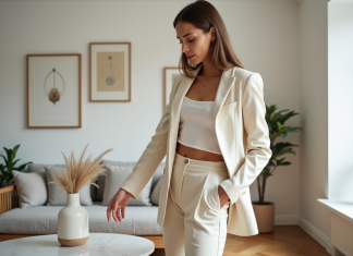 Style chic en design d’intérieur : Tout ce qu’il faut savoir Femme en blazer crème dans un salon scandinave lumineux