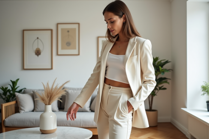 femme-salle-living-scandinave Femme en blazer crème dans un salon scandinave lumineux