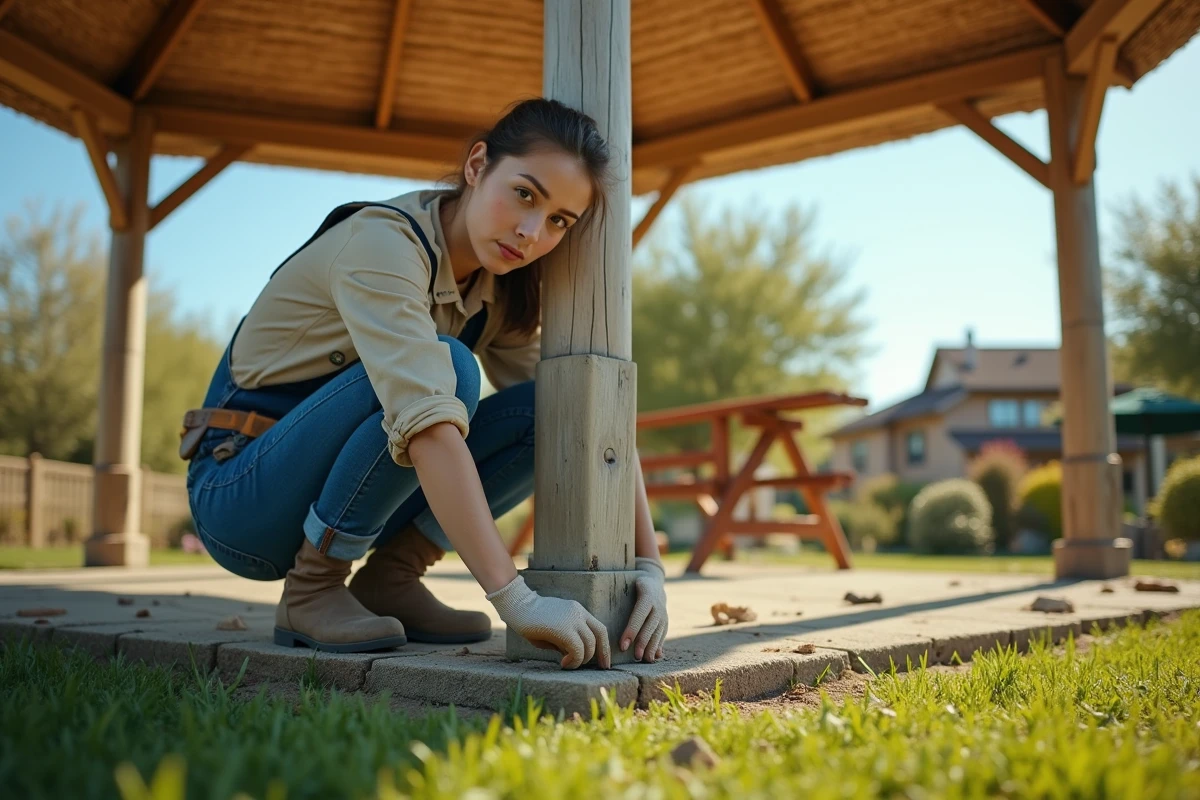 Jeune femme fixant une toile de gazebo en extérieur