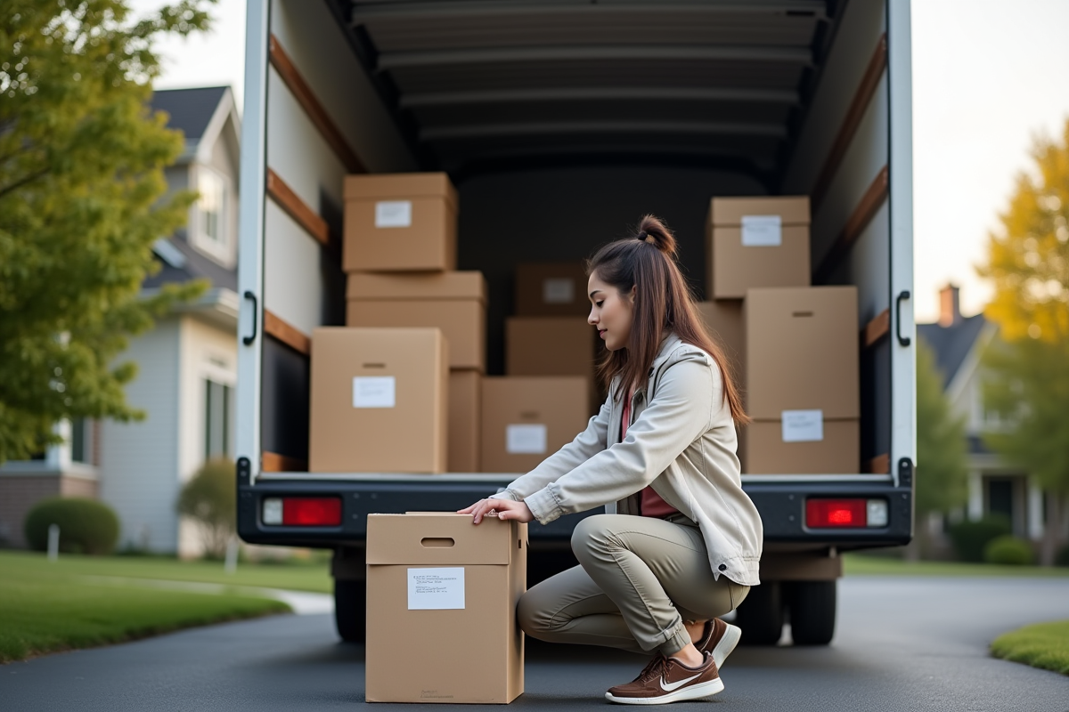 Jeune femme attachant des meubles dans un camion de déménagement