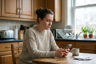 Jeune femme concentrée sur son smartphone dans la cuisine
