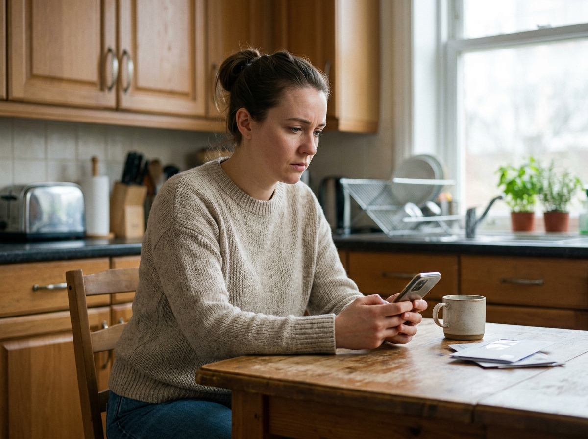 Jeune femme concentrée sur son smartphone dans la cuisine