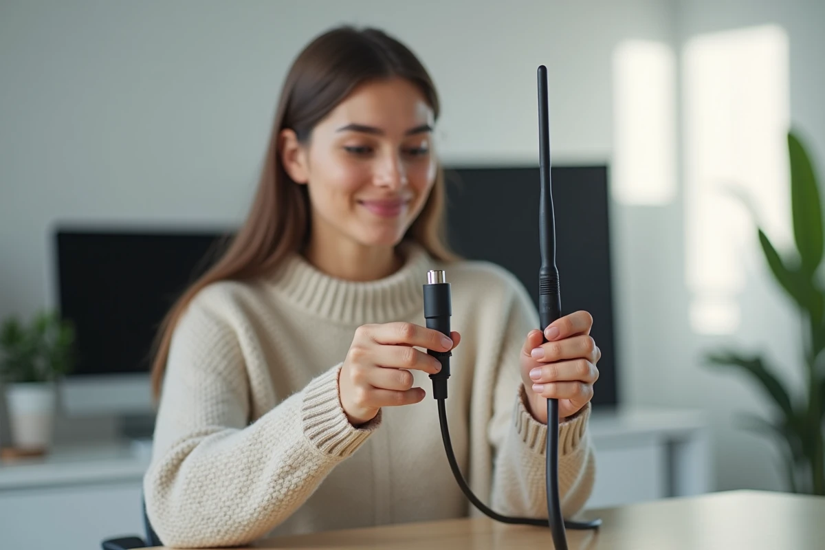 Jeune femme vérifiant un câble coaxial dans un bureau lumineux