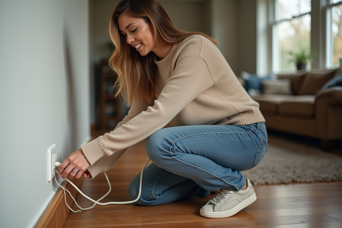 Femme contrôlant câbles et prise électrique dans le salon